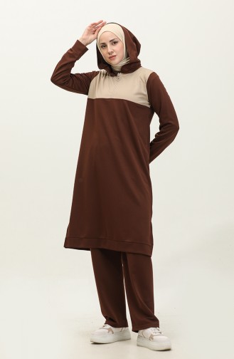 Hooded Zippered Two Piece Suit  3021-03 Brown 3021-03