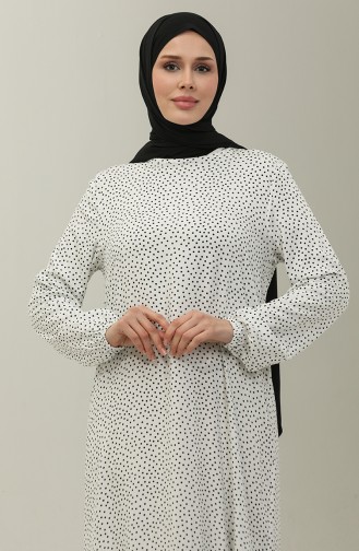 Etek Ucu Büzgülü Puantiyeli Viskon Elbise 2064-01 Beyaz