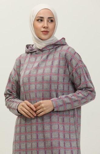 Respiro Kapüşonlu Jakarlı Kışlık Tunik 8703-01 Gri Mor