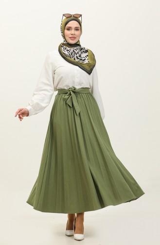 Pleated Hijab Skirt with Belt Detail 30331-01 Olive Green 30331-01