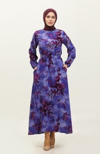 Ahsen Flower Patterned Viscose Dress 0329-09 Purple Plum 0329-09