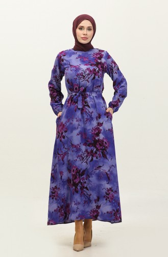 Ahsen Robe Viscose A Motifs Fleurs 0329-09 Prune Pourpre 0329-09