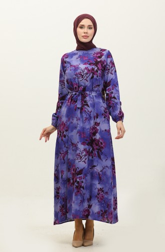 Ahsen Flower Patterned Viscose Dress 0329-09 Purple Plum 0329-09