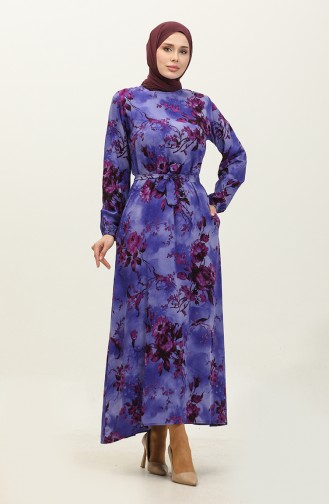 Ahsen Flower Patterned Viscose Dress 0329-09 Purple Plum 0329-09