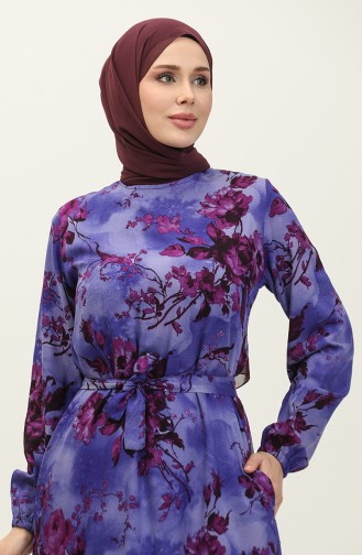 Ahsen Flower Patterned Viscose Dress 0329-09 Purple Plum 0329-09