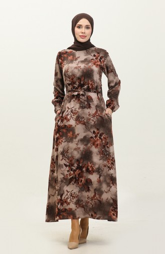 Ahsen Flower Patterned Viscose Dress 0329-10 Mink Brown 0329-10