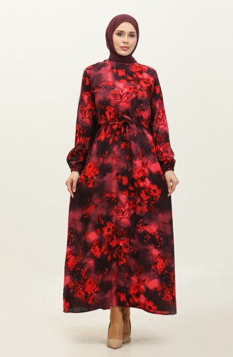 Ahsen Flower Patterned Viscose Dress 0329-11 Navy Blue Red 0329-11