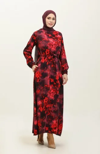 Ahsen Robe Viscose à Motifs Fleurs 0329-11 Bleu Marine Rouge 0329-11