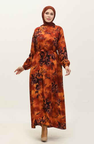 Ahsen Robe Viscose A Motifs Fleurs 0329-12 Moutarde Brique 0329-12