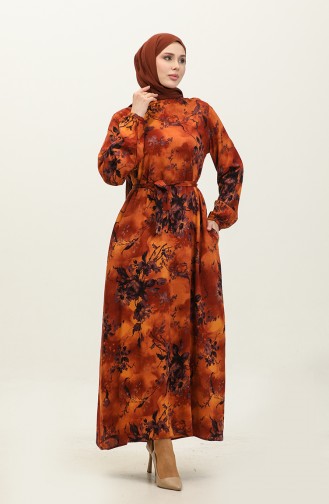 Ahsen Flower Patterned Viscose Dress 0329-12 Mustard Brick 0329-12