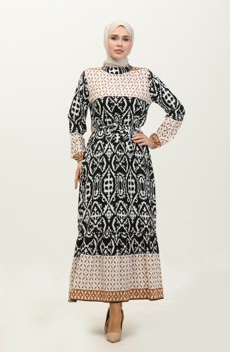 Alaçatı Patterned Viscose Dress 0341-04 Tan Black 0341-04