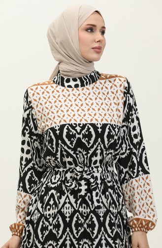 Alaçatı Patterned Viscose Dress 0341-04 Tan Black 0341-04