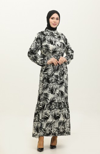 Rana Palm Pattern Viscose Dress 0342-02 Black Beige 0342-02