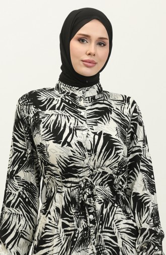 Rana Palmiye Desen Viskon Elbise 0342-02 Siyah Bej