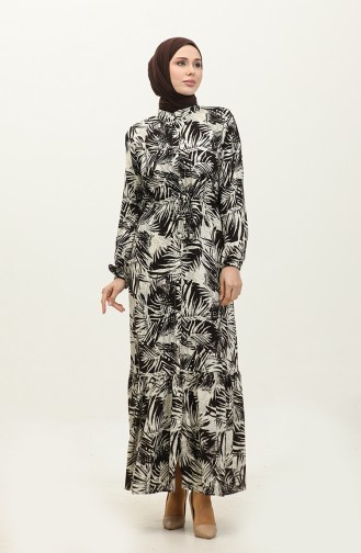 Rana Palm Pattern Viscose Dress 0342-03 Brown Beige 0342-03