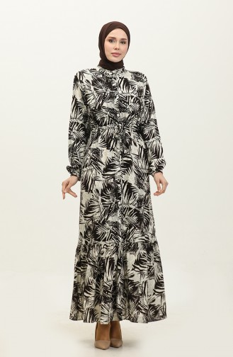 Rana Palm Pattern Viscose Dress 0342-03 Brown Beige 0342-03