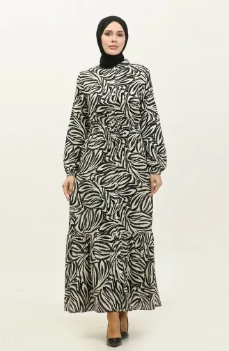 Rana Palmiye Pattern Viscose Dress 0342A-02 Black Beige 0342A-02