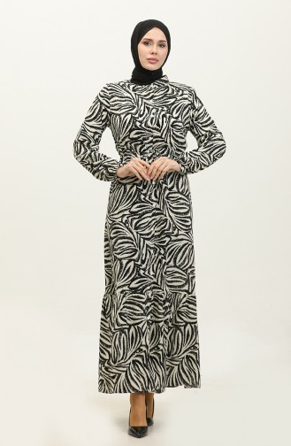 Rana Palmiye Pattern Viscose Dress 0342A-02 Black Beige 0342A-02
