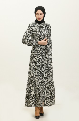 Rana Palmiye Desen Viskon Elbise 0342A-02 Siyah Bej