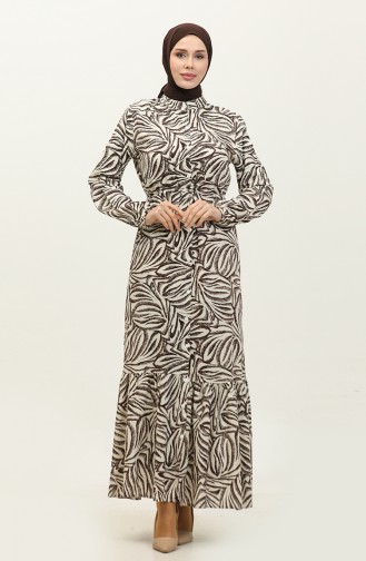 Rana Palmiye Desen Viskon Elbise 0342A-03 Bej Kahverengi
