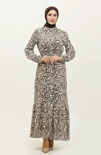 Rana Palmiye Pattern Viscose Dress 0342A-03 Beige Brown 0342A-03