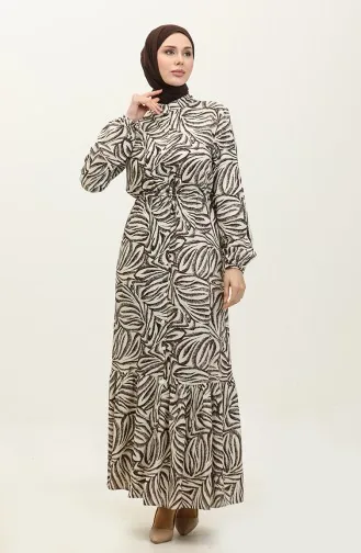 Rana Palmiye Pattern Viscose Dress 0342A-03 Beige Brown 0342A-03