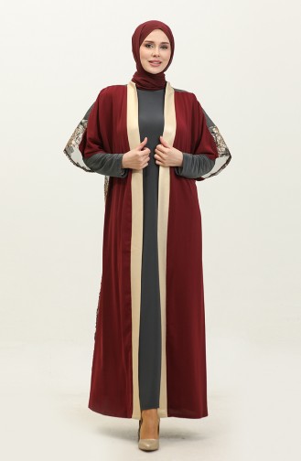 Ensemble Abaya Double Robe Grande Taille 8104-05 Rouge Claret Anthracite 8104-05