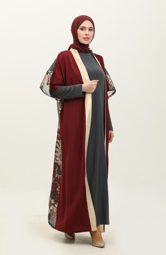 Büyük Beden Elbise Abaya İkili Takım 8104-05 Bordo Antrasit