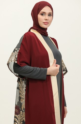 Ensemble Abaya Double Robe Grande Taille 8104-05 Rouge Claret Anthracite 8104-05