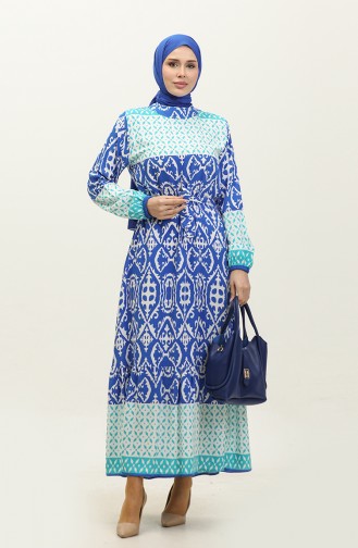 Alaçatı Patterned Viscose Dress 0341-03 Turquoise Saxe 0341-03