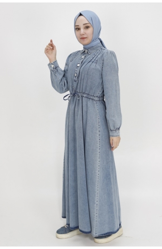 Robe Jean Détail à Lacets Et Col Boutonné 1567-01 Bleu Glace 1567-01