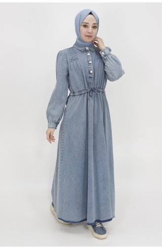 Beli Bağcıklı Ve Düğmeli Yaka Detaylı Kot Elbise 1567-01 Buz Mavisi