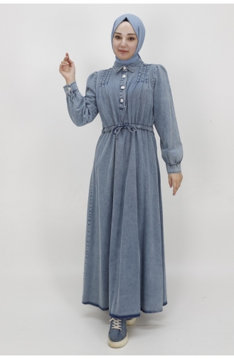 Robe Jean Détail à Lacets Et Col Boutonné 1567-01 Bleu Glace 1567-01