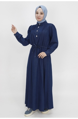 Robe En Jean Détail A Lacets Et Col Boutonné 1567-02 Bleu Denim Foncé 1567-02