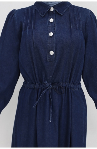 Robe En Jean Détail A Lacets Et Col Boutonné 1567-02 Bleu Denim Foncé 1567-02