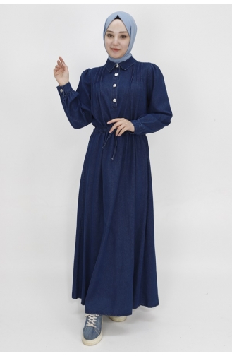 Beli Bağcıklı Ve Düğmeli Yaka Detaylı Kot Elbise 1567-02 Koyu Kot Mavi