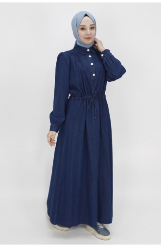 Beli Bağcıklı Ve Düğmeli Yaka Detaylı Kot Elbise 1567-02 Koyu Kot Mavi