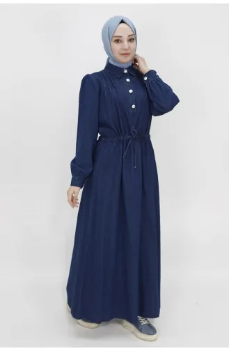 Jeanskleid Mit Schnürung An Der Taille Und Knopfkragen 1567-02 Dunkles Denimblau 1567-02