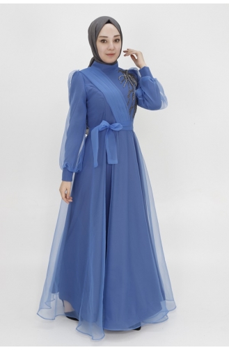 Dalya-Stoff Bestickt Zweireihiger Ausschnitt Abendkleid 4355-02 Indigo 4355-02