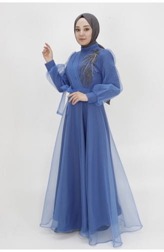 Dalya-Stoff Bestickt Zweireihiger Ausschnitt Abendkleid 4355-02 Indigo 4355-02