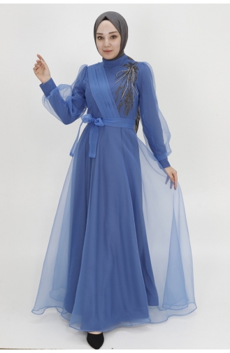 Dalya-Stoff Bestickt Zweireihiger Ausschnitt Abendkleid 4355-02 Indigo 4355-02