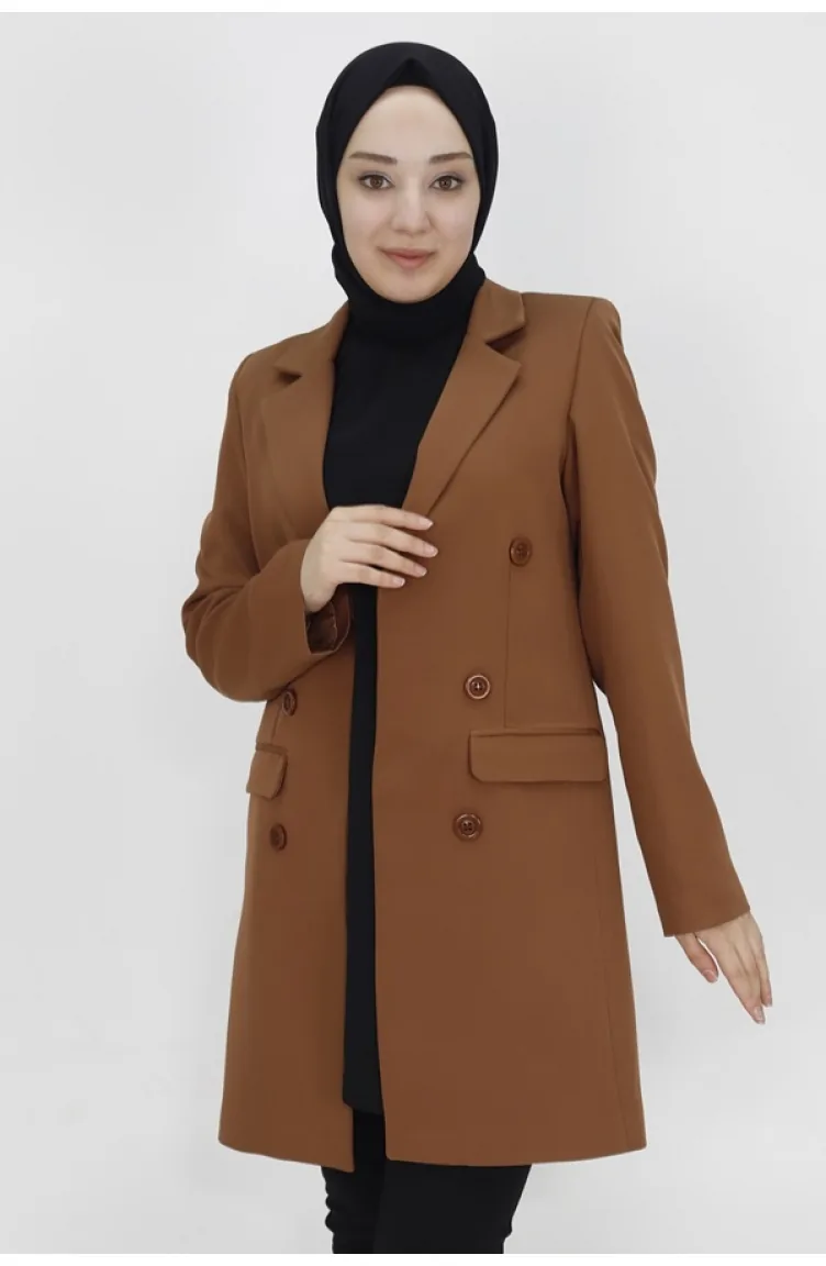 Veste Blazer Détail Boutons à Col Double 2402-02 Marron 2402-02