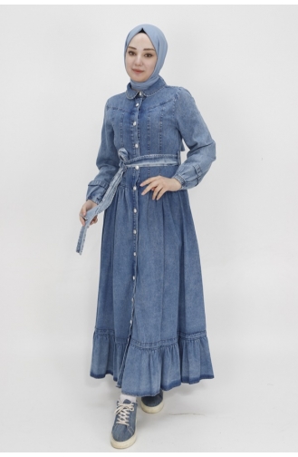 Düğmeli Ve Kemerli Kot Elbise 1565-01 Buz Mavisi