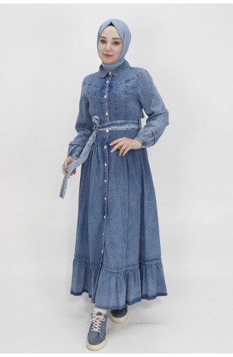 Robe Jean A Boutons Et Ceinturée 1565-01 Bleu Glace 1565-01