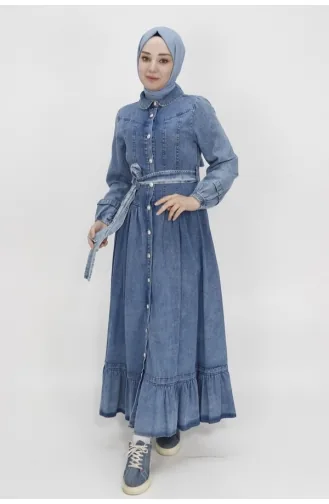 Buttoned And Belted Denim Dress 1565-01 Ice Blue 1565-01
