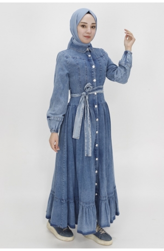Düğmeli Ve Kemerli Kot Elbise 1565-01 Buz Mavisi