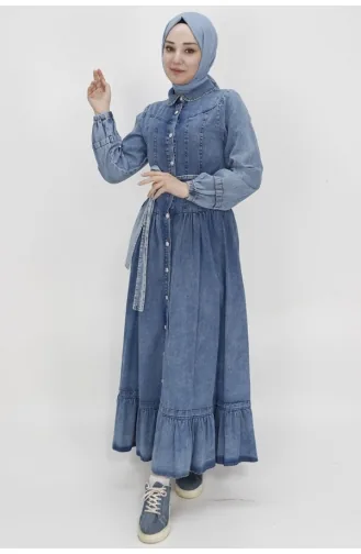 Buttoned And Belted Denim Dress 1565-01 Ice Blue 1565-01