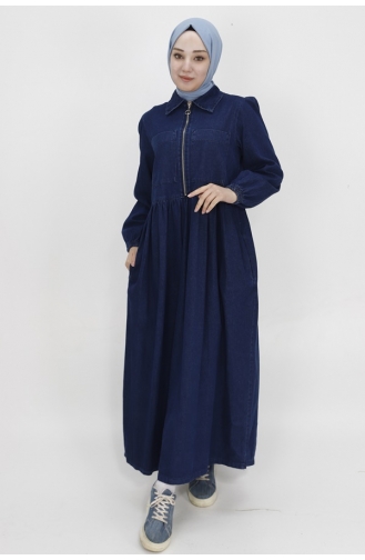 Fermuar Detaylı Ve Cepli Kot Elbise 1541-01 Koyu Kot Mavi