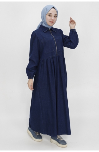 فستان جينز بتفاصيل جيوب وسحاب 1541-01 لون أزرق دينم داكن 1541-01