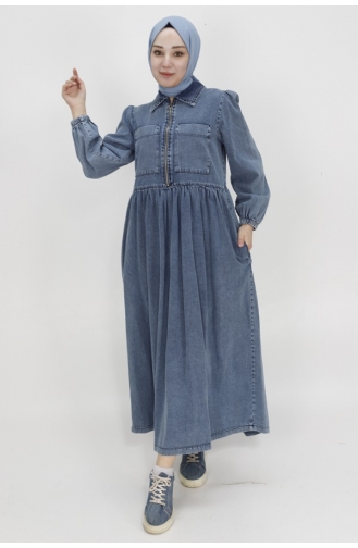 Fermuar Detaylı Ve Cepli Kot Elbise 1541-02 Buz Mavisi